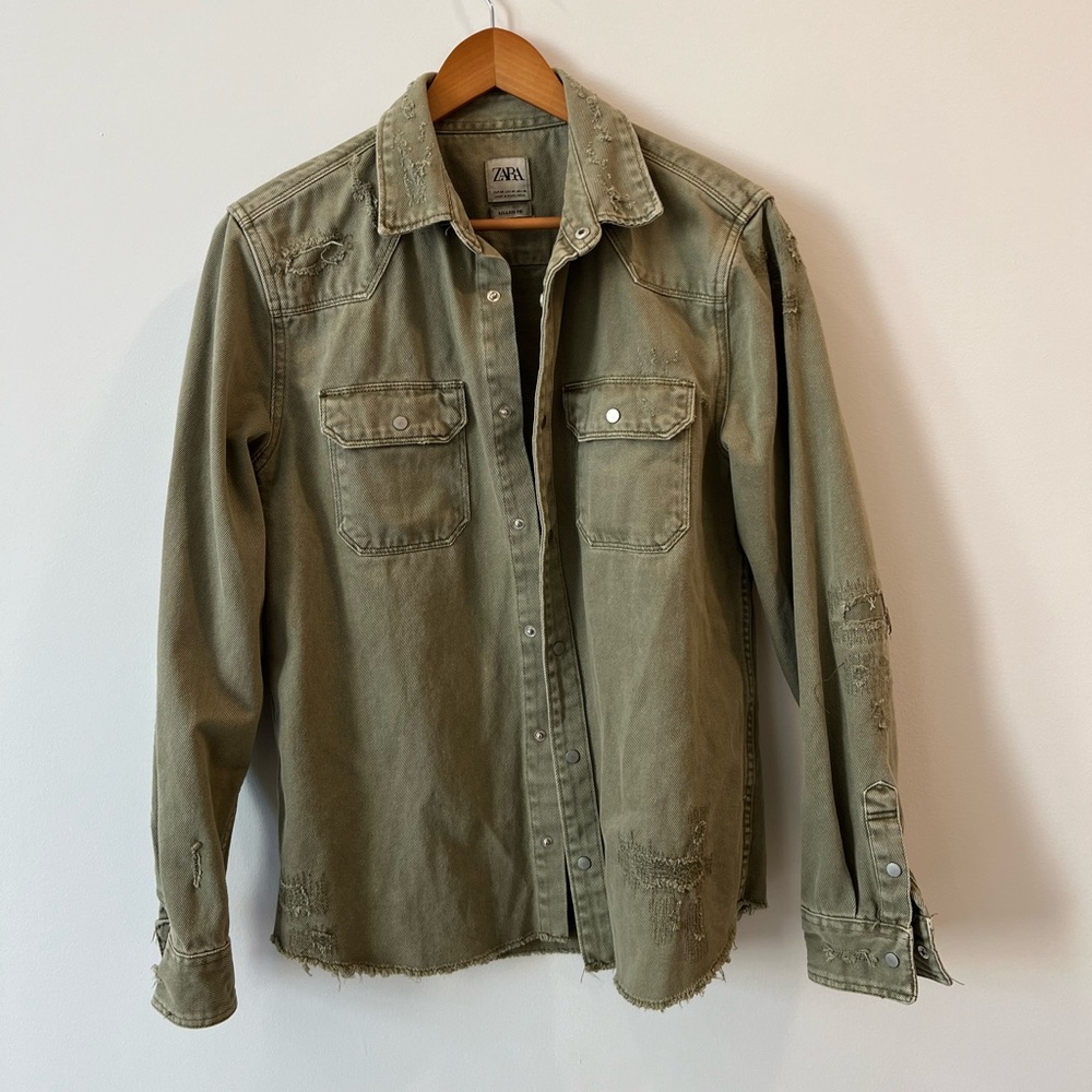 Zara Distressed Green Denim Jacket